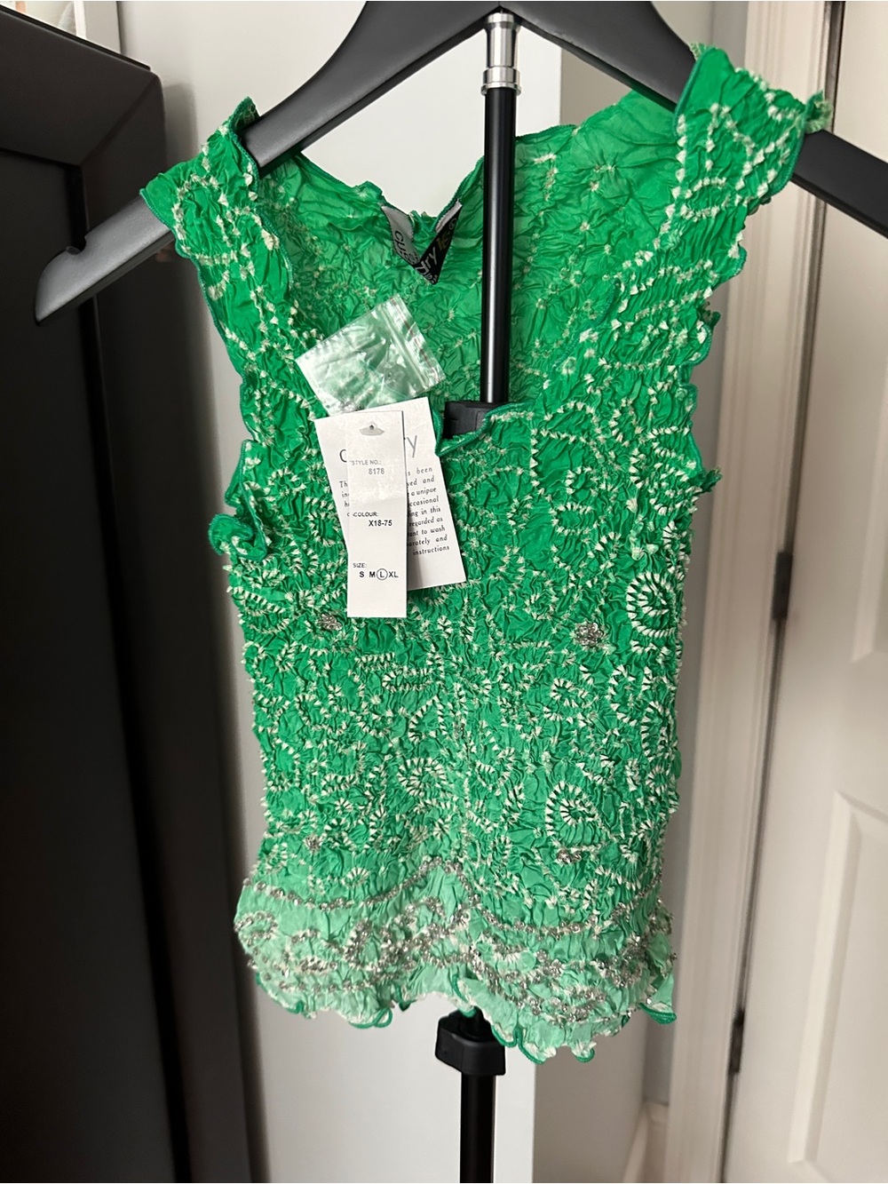 Chaudry Green Smocked Ruffle Crinkle Tank Top